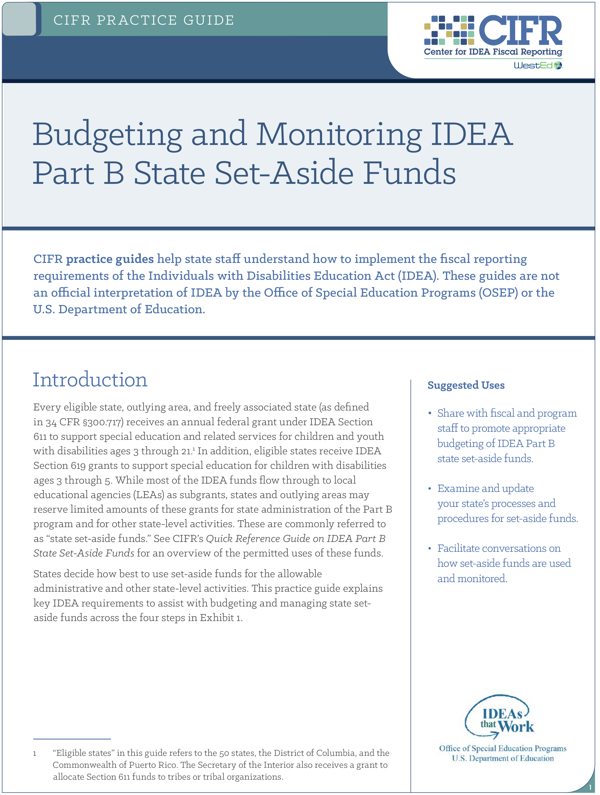 Image of page one of the Budgeting and Monitoring IDEA zpart B State-Set Aside Funds practice guide.