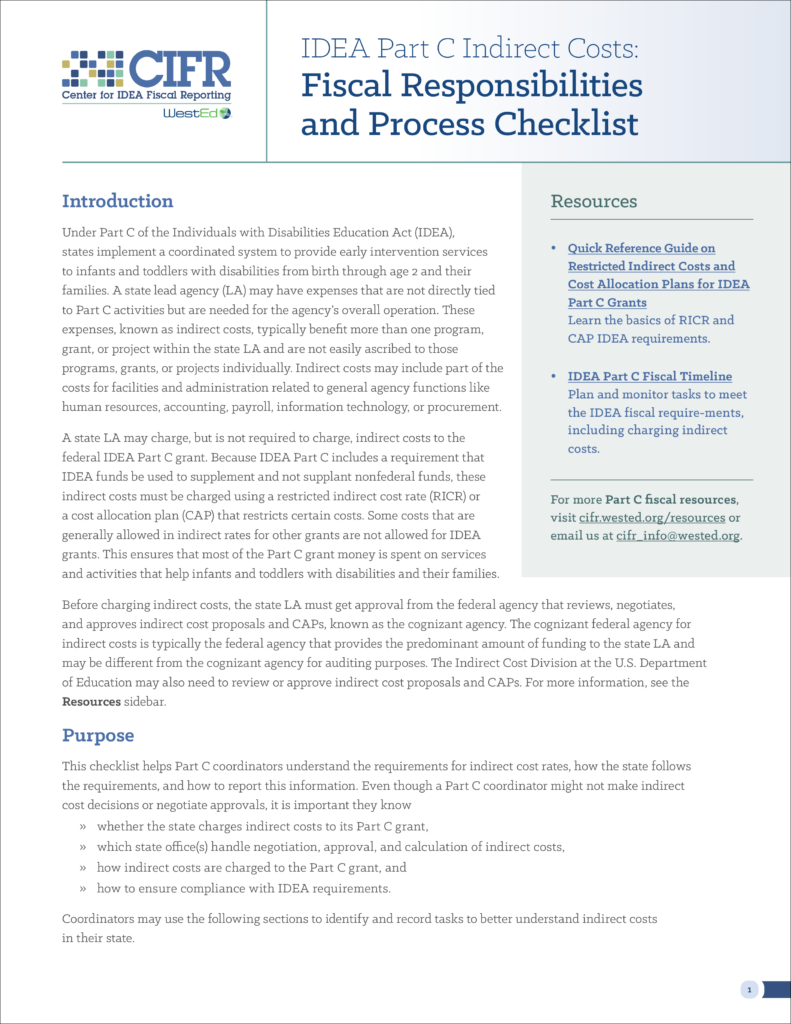 Idea part c indirect costs fiscal responsibilities and process